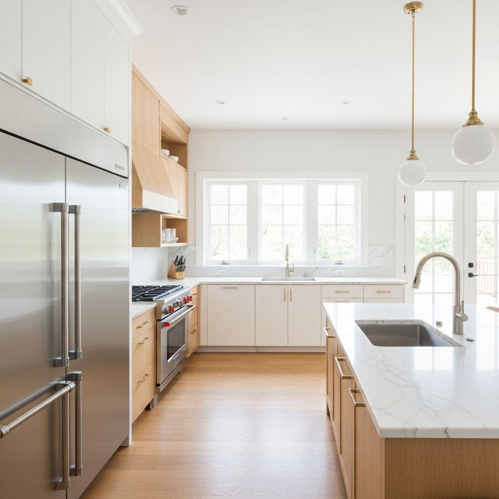 Modern kitchen with elegant cabinets and copper pendant lights - LMO Kitchens Atlanta